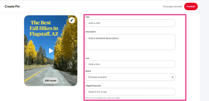 An image showing the spaces where you fill in your Title, Description, Link and more for your Pinterest Video pin