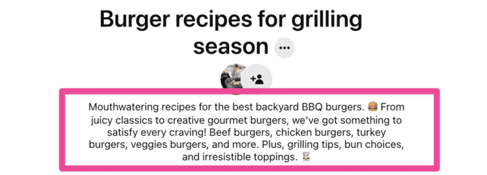 An example of where to put keywords on Pinterest board descriptions.