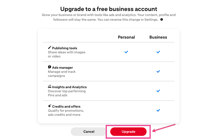 An image from Pinterest showing a list of perks as you switch to a Pinterest business account.