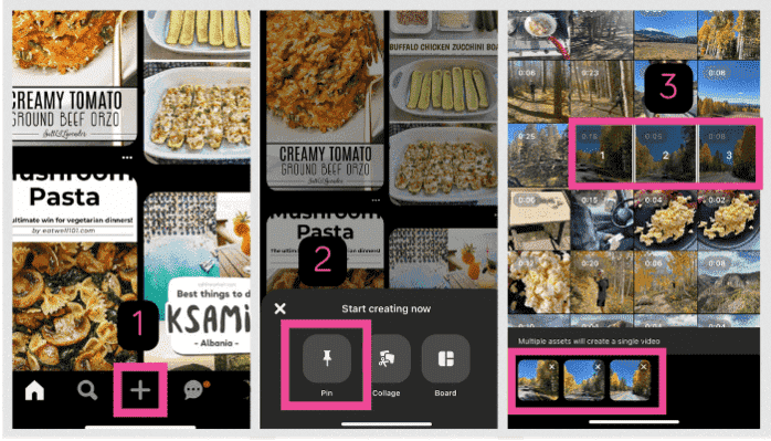 A graphic showing the process of how to upload video on Pinterest from a mobile device