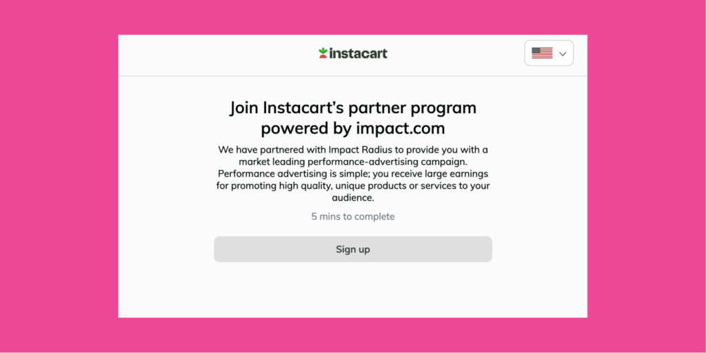 Instacart sign-up page screenshot showing the partner program powered by Impact.com with a sign-up button.