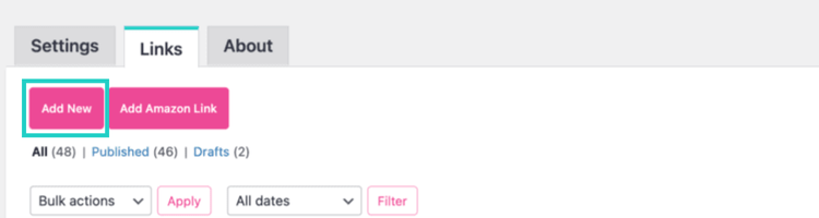 The first step to creating a new affiliate link in Tasty Links is to click Tasty Links, Links, then Add New Tasty Link.