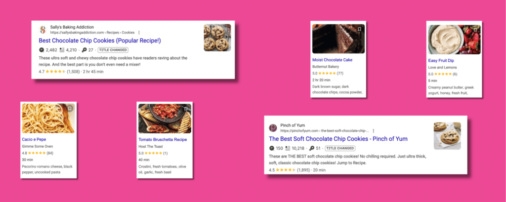 A graphic showing food bloggers who use WP Tasty + show up in search results with recipe schema.