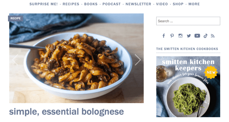A screenshot example of the "Surprise Me" feature on Smitten Kitchen's WordPress food blog.