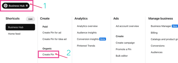 Pinterest Business Hub screen showing steps of how to create a pin on Pinterest. First, click on 'Business Hub,' then choose 'Create Pin' under the 'Organic' section.