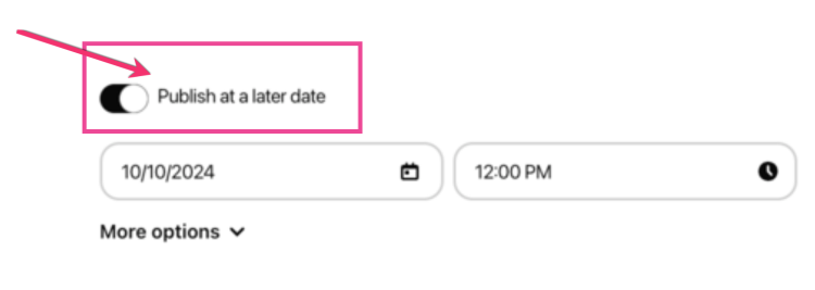 Pinterest scheduling screen with a switch to turn on 'Publish at a later date.'