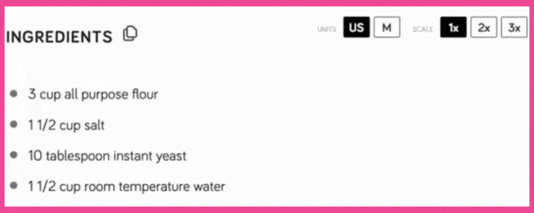 A gif showing how to convert ingredients from metric to US and vice versa in a Tasty Recipes recipe card