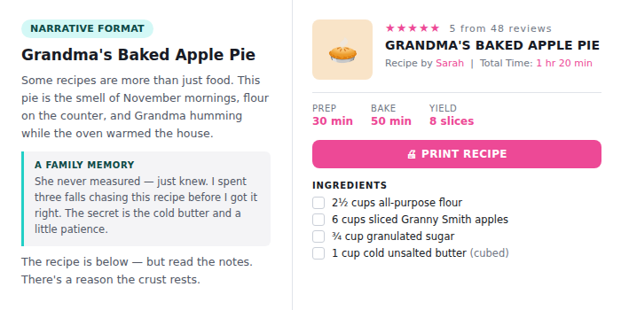 A narrative recipe format combines personal storytelling with a standard recipe card.