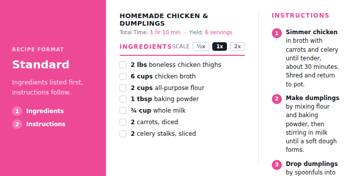 The standard recipe format lists ingredients first, followed by step-by-step instructions.