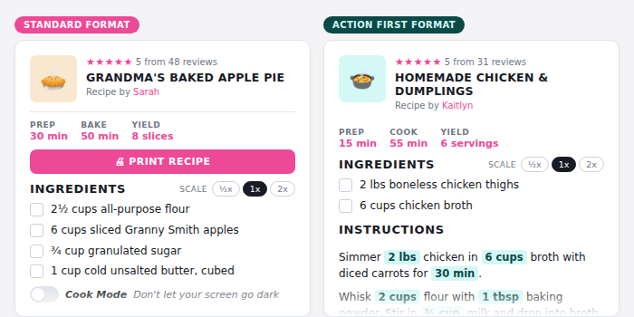 Two Tasty Recipes recipe cards showing standard and action first recipe formats side by side.