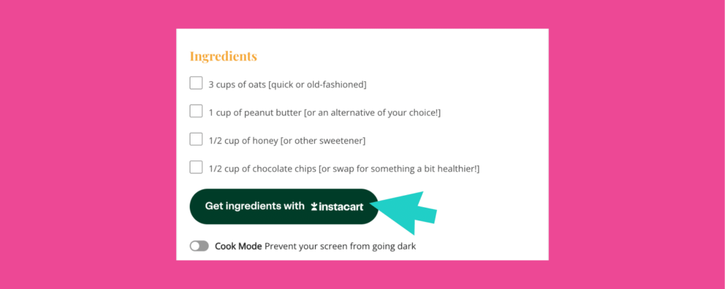 A Tasty Recipes recipe card with the Instacart WordPress plugin button turned on. There is a blue arrow pointing to the Instacart button.