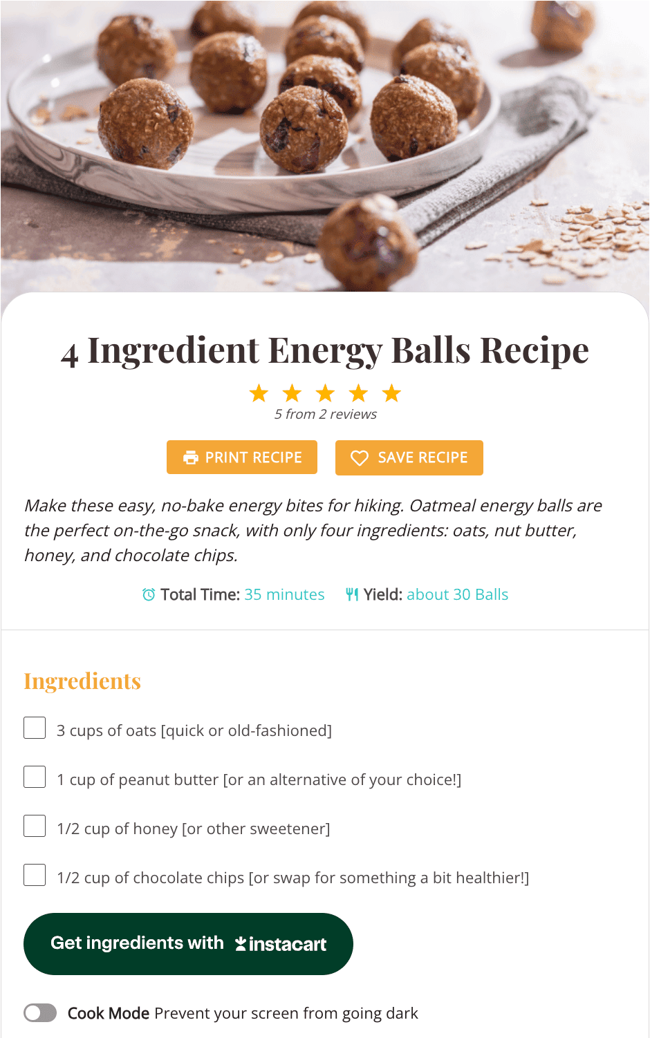 A Tasty Recipes recipe card showing the instacart shoppable button under the recipe ingredients