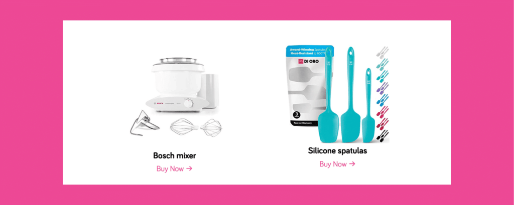 Two affiliate-linked kitchen products displayed in a Tasty Recipes card: Bosch mixer and turquoise silicone spatulas with a “Buy Now” link under each.