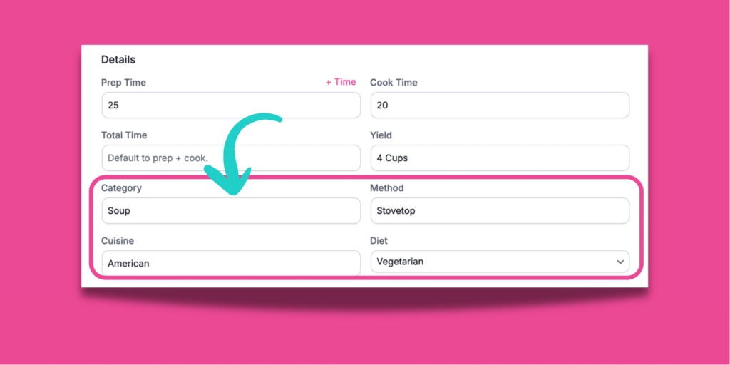 Recipe Explorer details section showing prep time, cook time, yield, and fields for category, cuisine, cooking method, and diet to better organize recipes.