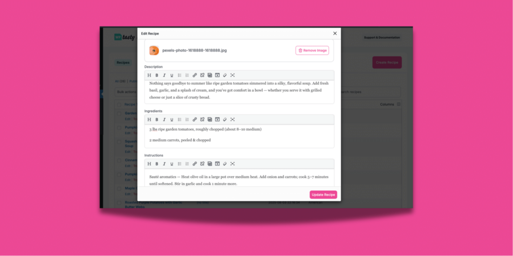 Edit Recipe pop-up window in WordPress showing fields for description, ingredients, and instructions, with an option to update recipe details directly from the dashboard.