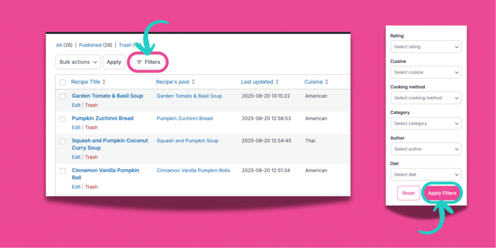 Recipe Explorer in WordPress with the Filters menu open, showing options to filter recipes by rating, cuisine, cooking method, category, author, or diet, with buttons for Reset and Apply Filters.