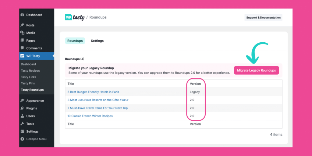 Screenshot of the Tasty Roundups Settings page showing the “Migrate Legacy Roundups” button and a list of roundup posts with versions labeled “Legacy” or “2.0.”