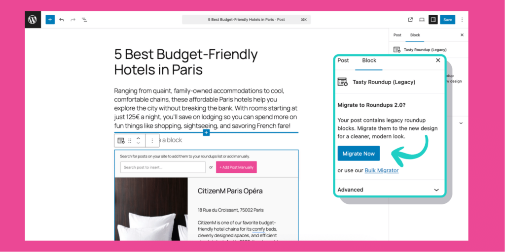 Screenshot of a blog post in WordPress with the sidebar option “Migrate to Roundups 2.0?” and a blue “Migrate Now” button highlighted.