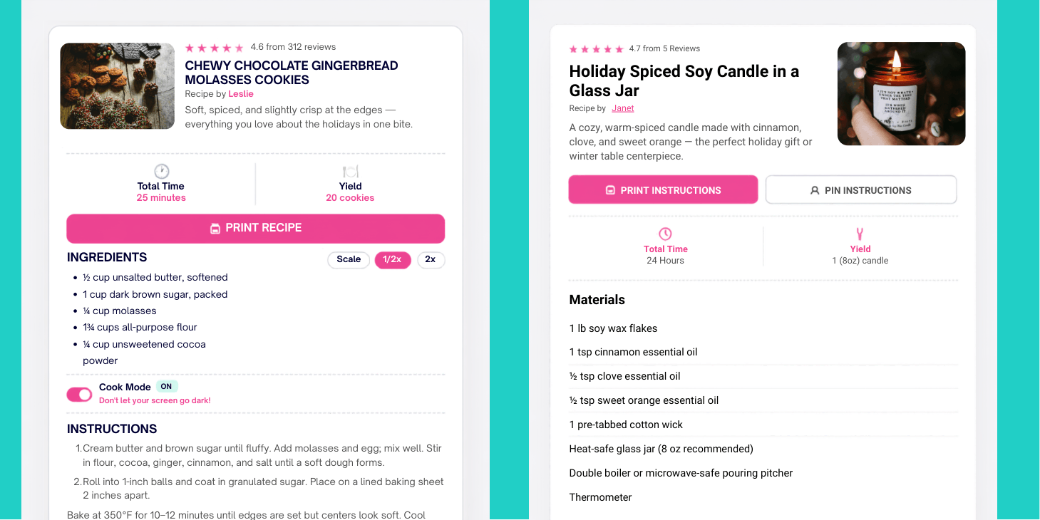 An image showing a Tasty Recipes recipe card for cookies on the left and a non-food recipe for a candle on the right