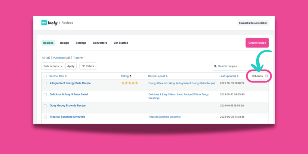 WordPress Recipe Explorer dashboard showing the “Columns” button highlighted with an arrow, where users can add or remove details like rating, cuisine, or author.