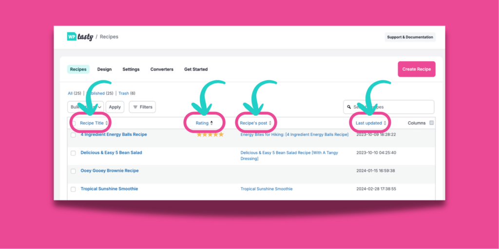 Recipe Explorer in WordPress with arrows highlighting sortable columns: Recipe Title, Rating, Recipe’s Post, and Last Updated.