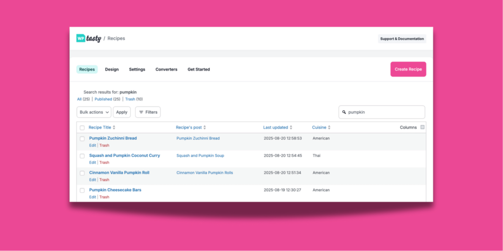 Recipe Explorer dashboard in WordPress showing search results for “pumpkin,” including Pumpkin Zucchini Bread, Squash and Pumpkin Coconut Curry, Cinnamon Vanilla Pumpkin Roll, and Pumpkin Cheesecake Bars.