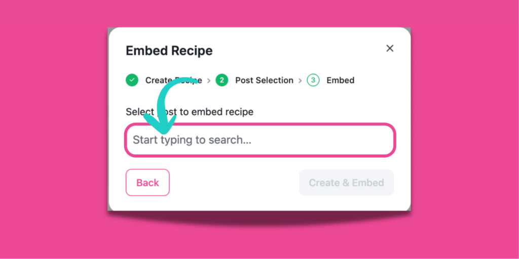 Embed Recipe pop-up in Recipe Explorer with the search bar field circled, showing where to type a post title to embed a recipe into an existing blog post.