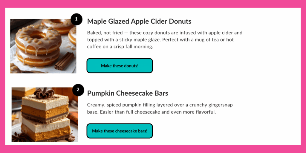 WP Tasty Roundups interface showing two fall desserts — Maple Glazed Apple Cider Donuts and Pumpkin Cheesecake Bars — with images and call-to-action buttons.