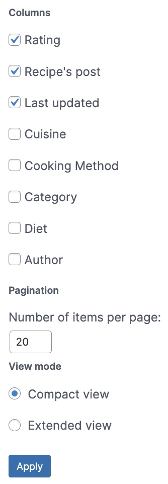 Tasty Recipes "Recipes" Tab - Recipe Explorer Column Options