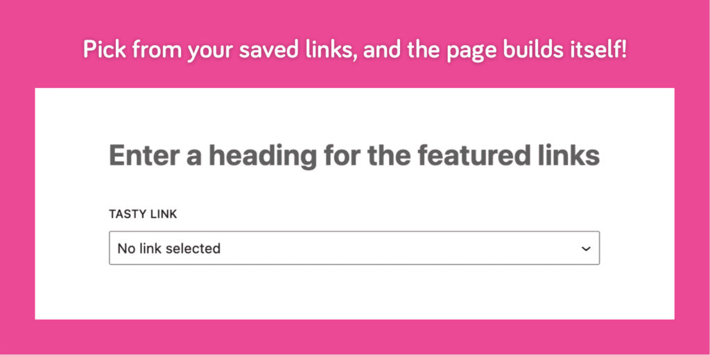 Screenshot of the Featured Links block in WordPress where you select products from Tasty Links list to display with images and buy buttons.