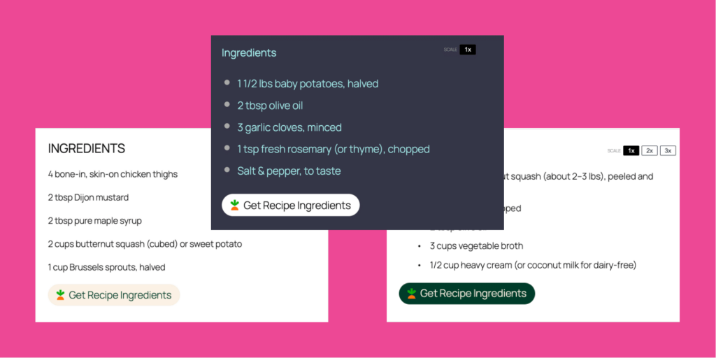 Examples of Instacart “Get Recipe Ingredients” buttons in dark, light, and white styles shown on recipe ingredient lists.