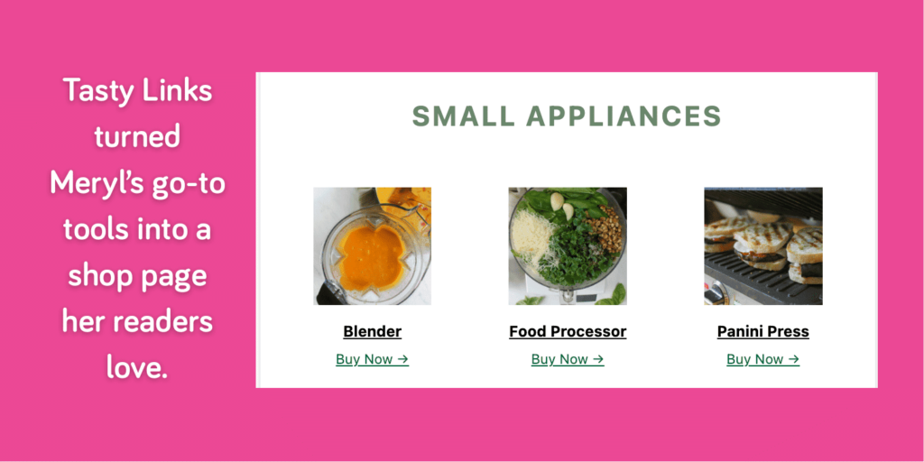 Screenshot of Meryl’s Sungrown Kitchen resource page built with Tasty Links, showing her go-to kitchen tools like blender, food processor, and more