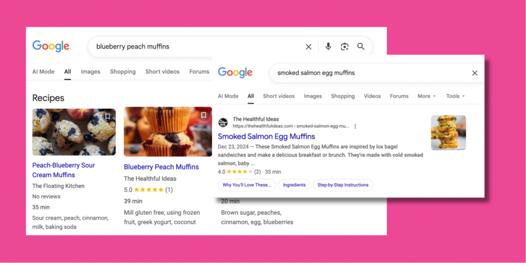 The Healthful Ideas recipes, including blueberry peach muffins, displayed in Google rich recipe results.