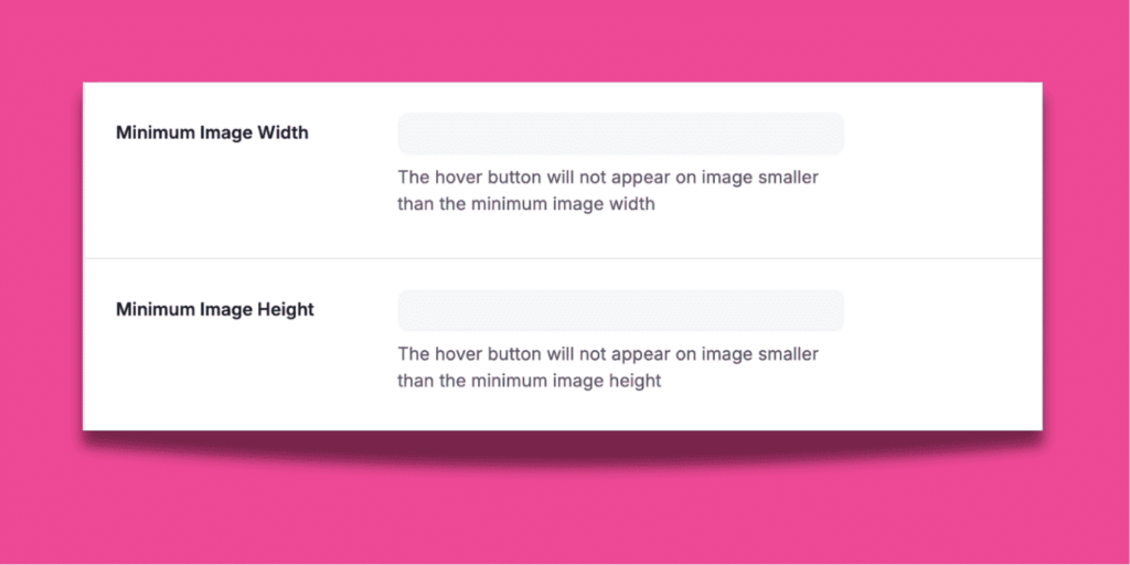 Screenshot showing Tasty Pins settings for Minimum Image Width and Height, used to hide Pinterest buttons on small thumbnail images.