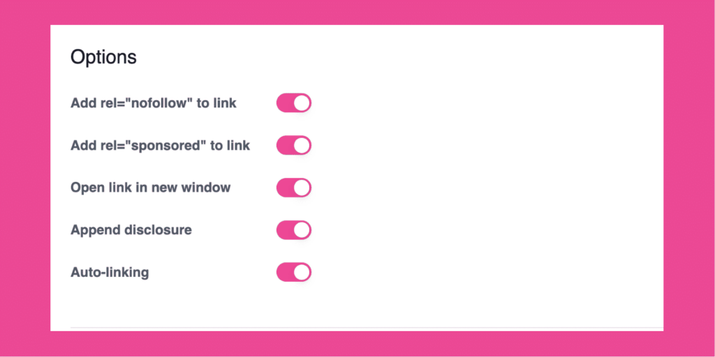 Tasty Links settings panel showing toggles for link options like nofollow and sponsored.