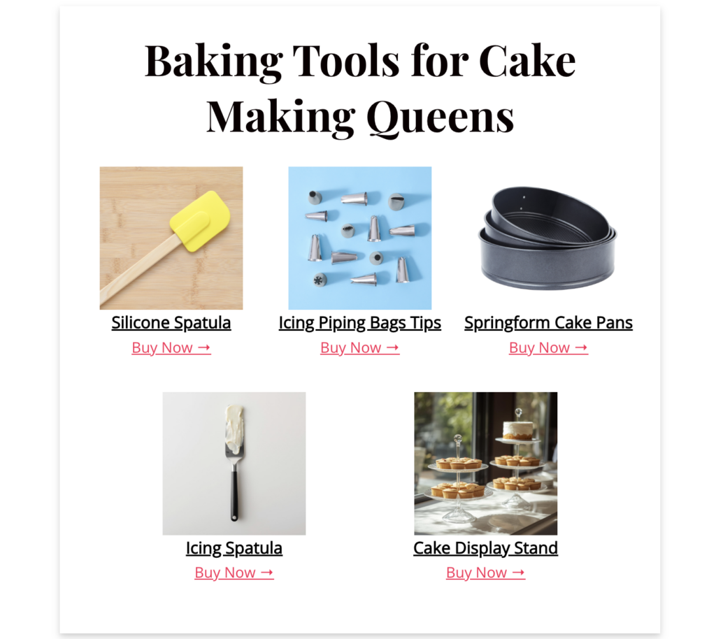 Baking tools holiday gift guide using Tasty Links: silicone spatula, piping tips, cake pans, icing spatula, cake stand.