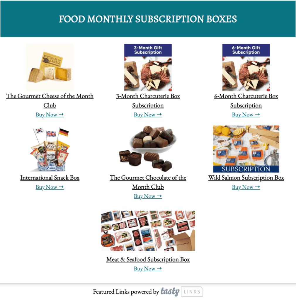 A section of Jenna’s gift guide featuring gourmet food subscription boxes.