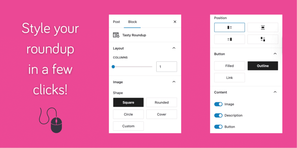 Styling Tasty Roundup layout and buttons in the WordPress editor settings.