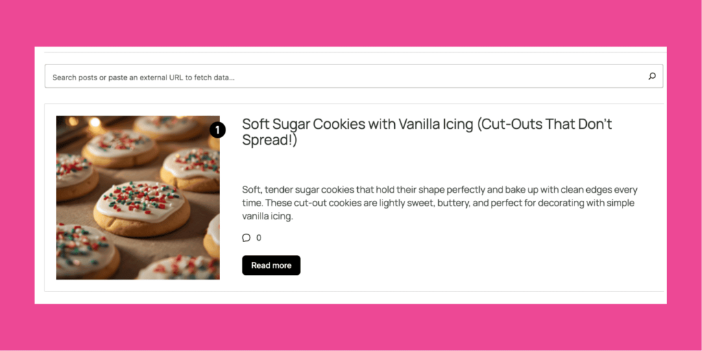 Example of a completed Tasty Roundup block featuring a soft sugar cookie recipe.