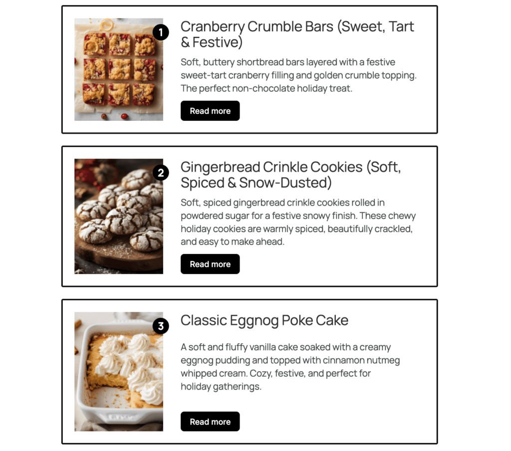 Holiday dessert roundup featuring cranberry bars, gingerbread cookies, and eggnog cake.