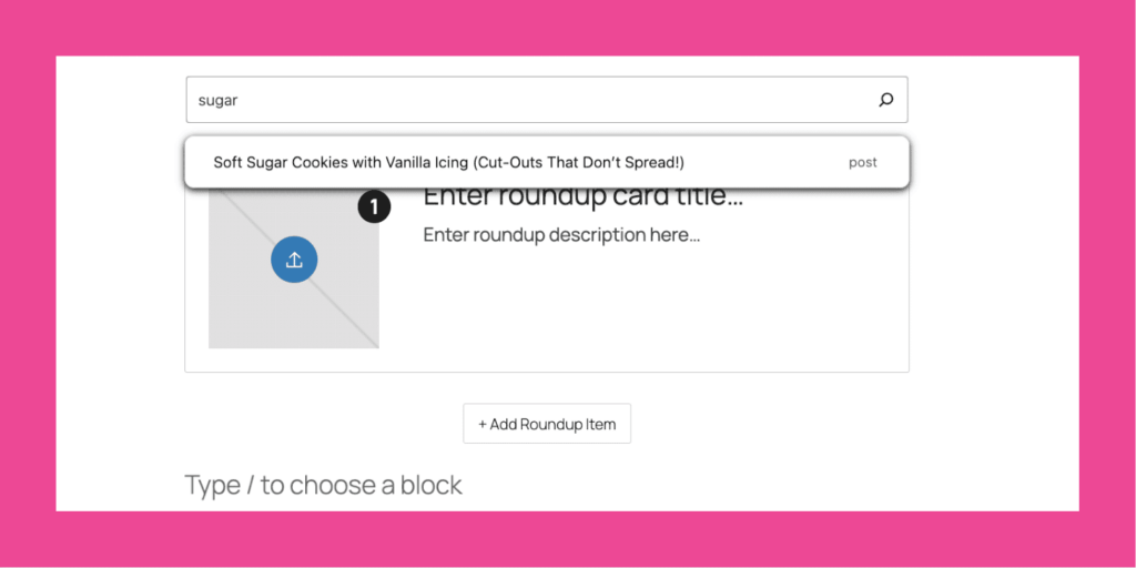 Searching for a cookie recipe inside the Tasty Roundup block in WordPress.