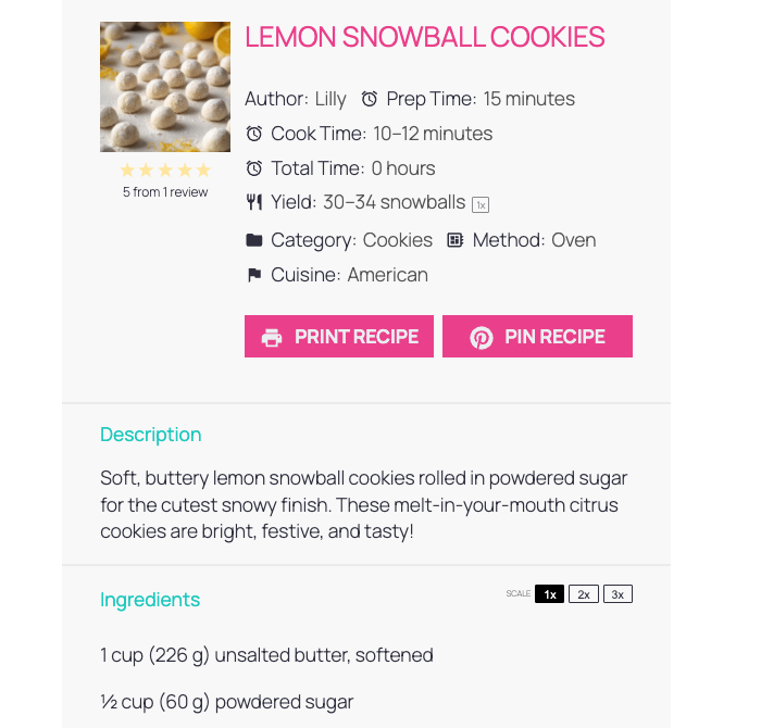 A screenshot of a WP Tasty Tasty Recipes recipe card preview. It's a recipe card for lemon snowball cookies - showing an image of the cookies plus recipe details like the description and ingredients