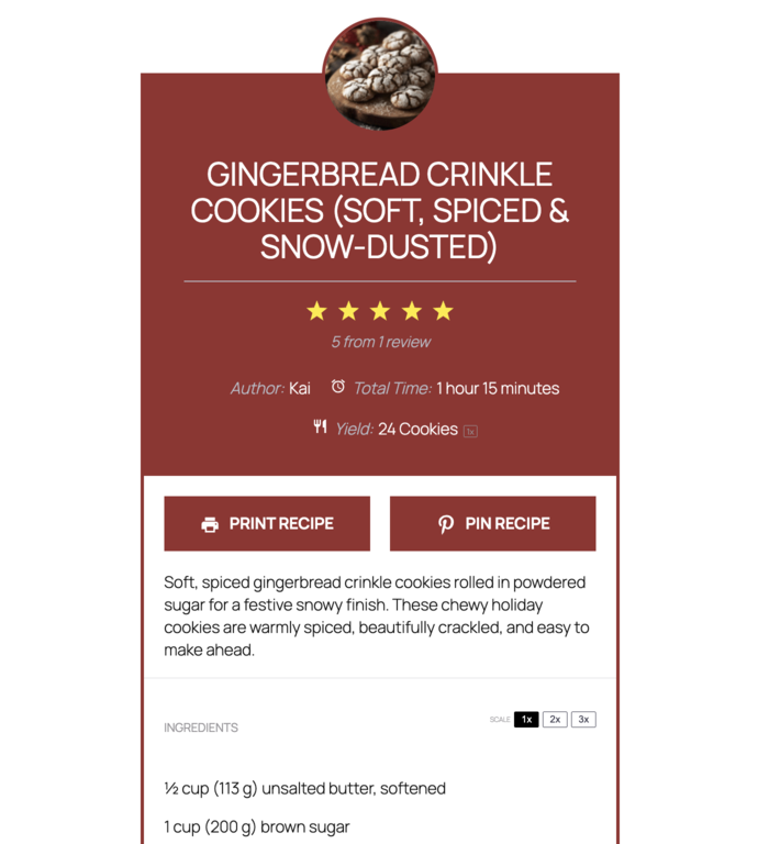 A tasty recipes recipe card of a gingerbread crinkle cookie