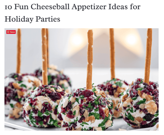 A screenshot of Caroline's roundup of Cheeseball appetizer ideas on Whipped the Blog