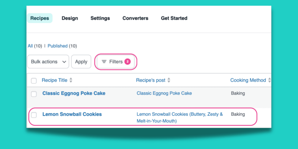 Recipe Explorer filtered by recipe taxonomies and recipe keys to show Lemon Snowball Cookies under desserts, cookies, and baking.