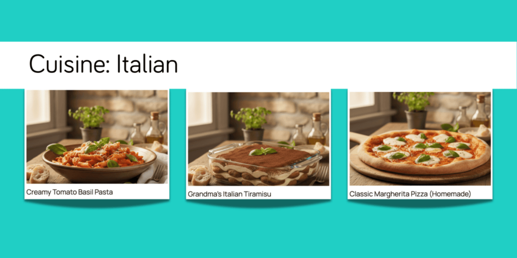 An image showing what the recipe index on a food blog looks like for the Cuisine "Italian" when it's clicked on a recipe card.