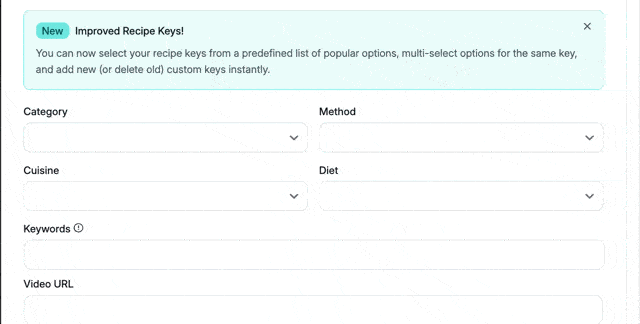 A Tasty Recipes recipe card gif showing the selection of a recipe key(s) for each recipe taxonomy.