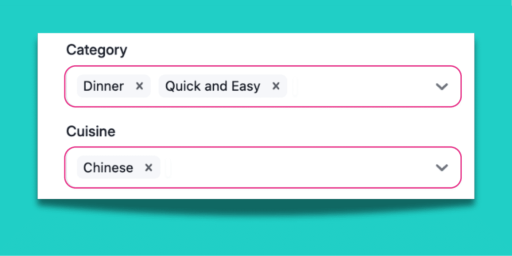 A screenshot of a Tasty Recipes recipe card input with 2 recipe keys for Category (Dinner, Quick and Easy), and one recipe key for Cuisine (Chinese).