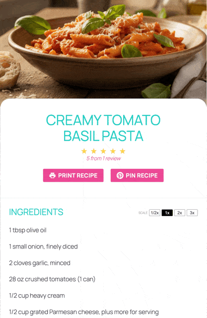 A gif showing recipe scaling (adjustable servings) in a Tasty Recipes recipe card when a user toggles between x1/2, x1, x2, and x3.