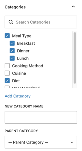 a graphic showing WordPress parent categories and sub categories from the post editor.